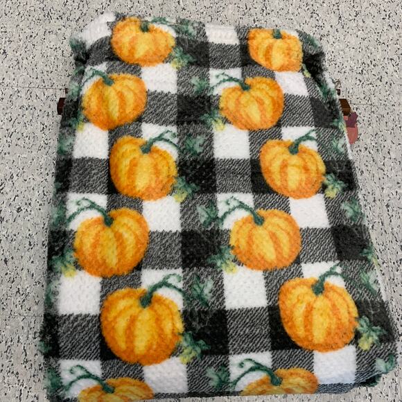 Orange Pumpkin Black White Buffalo Plaid Fall Farmhouse Autumn Harvest Blanket - Picture 6 of 10